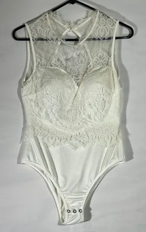 Floral Lace Sheer‎ Mesh High Neck Sleeveless Bodice Bodysuit Women M Ivory Edgy thumbnail 1