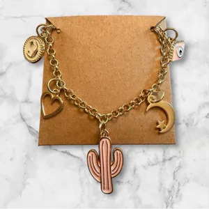 Gold Charm Necklace with Cactus and Moon thumbnail 1