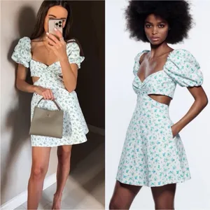 Zara White and Blue Floral Puff Sleeve Mini Dress thumbnail 2