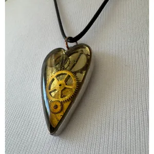 Retro Steampunk Resin Heart Clockwork Pendant Unisex Necklace w/ Black Cord thumbnail 2