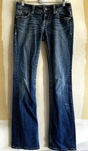 Miss Me Bootcut Jeans Rhinestone Embroidered Logo Medium Wash Western Blue 28x34 thumbnail 1