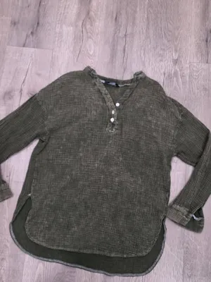 Dokotoo Green Textured Long Sleeve Button Henley Top Casual Loose Fit size mediu thumbnail 6