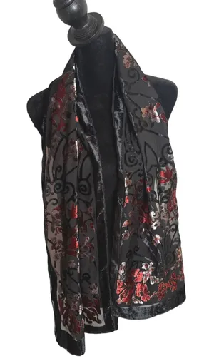 100% Silk Burnout Velvet Scarf Womens Black Red Floral Devore Wrap Whimsigoth thumbnail 1