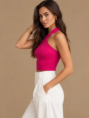Babaton Aritzia Fuchsia Ribbed Crisscross Cropped Knit Fitted Halter Top Size XS thumbnail 2