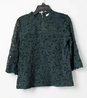 Ann Taylor LOFT Dark Green See Through Lace 3/4 Bell Sleeves Blouse‎ Size M thumbnail 1