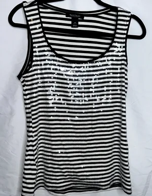 White House Black Market Womens Size Medium Black White Sequin Strip Tank Top thumbnail 1