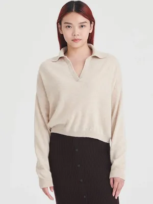 NAADAM Signature Cashmere Cropped Polo Sweater Oatmeal XS thumbnail 2