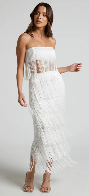 New Showpo Amalie 2PC Set Fringe Strapless Crop Top & Midi Skirt Set Size XS thumbnail 1