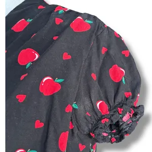 ModCloth X Collectif Apple Heart Print Midi Dress Black Red Puff Sleeve Cottage thumbnail 4