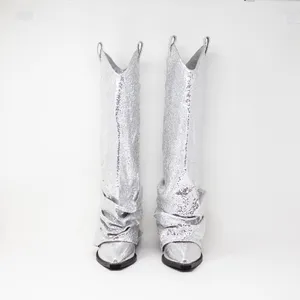 NEW Azalea Wang Shawnee Silver Metallic Scrunched Western Cowboy Boots Shoes 6 thumbnail 2