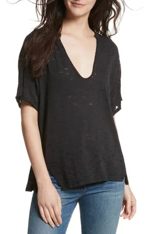 We The Free Free People Maddie Burnout Tee Black V-Neck Short Sleeve M thumbnail 1