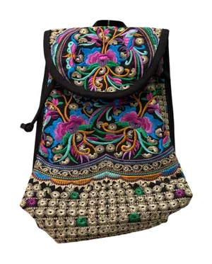 Boho Embroidered Backpack Colorful Floral Birds Drawstring Flap Bag‎ thumbnail 1