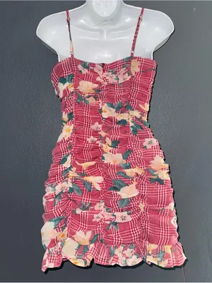 Women's Camellia Fall Red Plaid Floral Ruched Mini Spaghetti Strap Dress Small thumbnail 4