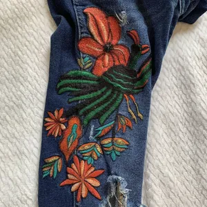 Zara Trafaluc Size 2 Skinny Jeans Multicolor Boho Floral Embroidered Distressed thumbnail 7