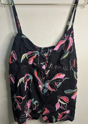 Volcom Black‎ Top with Pink and Red Floral Accents thumbnail 1