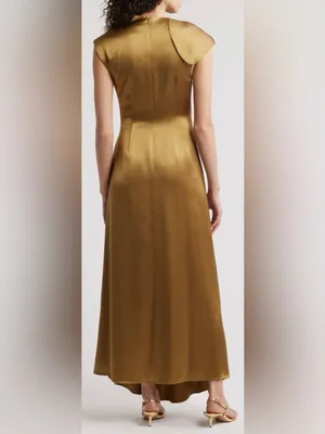 NEW ACLER Ramshaw Metallic Pleated Satin Gown golden moss Sz 4 thumbnail 2