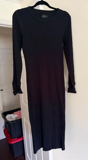 WSLY Rivington Ribbed Midi Dress Black Long Sleeve Tencel Bodycon Crew Neck L thumbnail 1