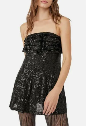 Free People Women's Black Frida Sequin Ruffle Strapless Mini Dress thumbnail 3