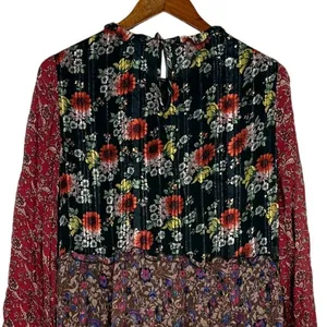 Zara Floral Patchwork Tiered Pompom Semi Sheer Peasant Mini Dress M Black Red thumbnail 7