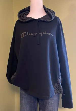 Women’s Champion Black Hoodie with Tonal Logo and Leopard Print Details thumbnail 1