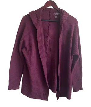 American Eagle Women Cardigan XS Burgundy Hooded Waffle Knit‎ Lounge Cozy Layer thumbnail 1