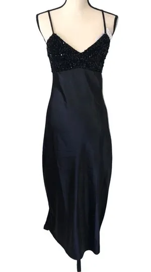Maxi Dress Womens Size M Black Sleeveless Satin Sequins Prom Formal Evening Event thumbnail 1