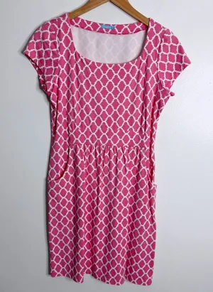 NWOT J. McLaughlin Catalina Pink Geometric Print Dress Cap Sleeve Medium Preppy‎ thumbnail 1
