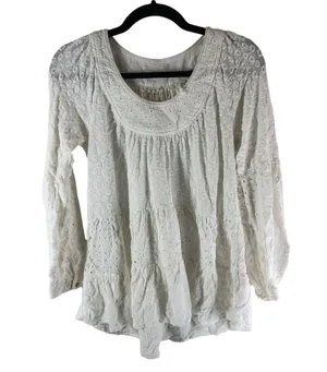Meadow Rue Anthropologie Peasant Blouse Eyelet Tiered Prairie Core White XS thumbnail 1