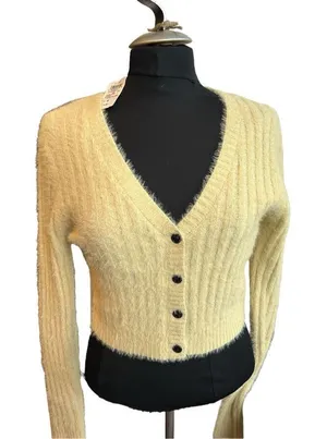 Windsor size medium yellow fluffy cardigan v neck front sweater NWT thumbnail 1