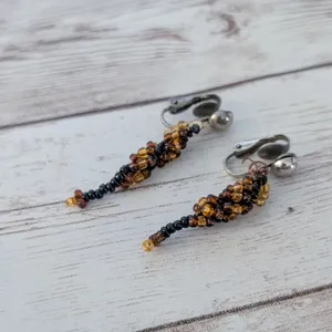 Vintage Clip On Earrings Beaded Dangle Amber Tones & Black thumbnail 3