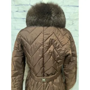 Monica Milano Brown Quilted knee-length, belted puffer coat with a fur collar 4 thumbnail 6