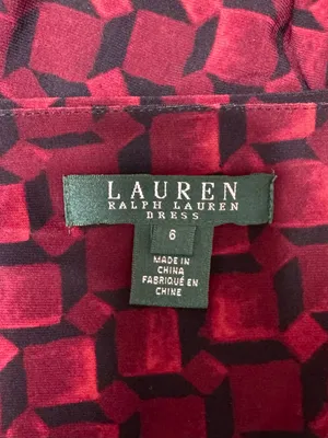 Lauren Ralph Lauren Faux Wrap Sheath Dress Burgundy Black Geometric Ruched Sz 6 thumbnail 8