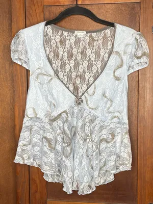 Kimchi Blue Taylor Lace Babydoll Top Blue Sheer V Neck Milkmaid Coquette Fairy M thumbnail 3