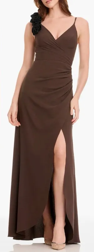 NEW Dress The Population Camelia Ruffle Detail Mocha black Gown Sz M thumbnail 1