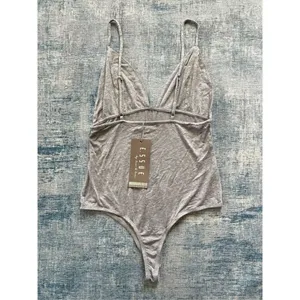 NWT! Essue Gray Deep V Spaghetti Strap Bodysuit Medium thumbnail 2