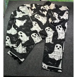 Black Ghost Print Pajama Set Women Large Long Sleeve Button Down Halloween PJs thumbnail 1