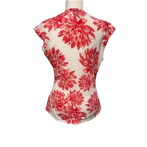 Ann Taylor Women's Sz Med Red White Floral Print Short Sleeve Draped V-Neck Top thumbnail 2