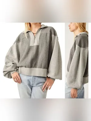 Free People We the Free Kassey Half Zip - Heather grey combo - Small thumbnail 7