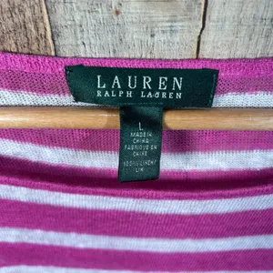 Lauren Ralph Lauren Pink White Striped 100% Linen Knit Sweater Boat Neck Large L thumbnail 5