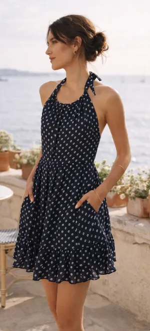 Prose & Poetry Navy Polka Dot Halter Dress Open Back Ruffle XS thumbnail 1