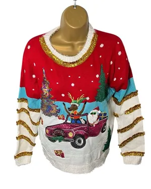 Blizzard Bay Crewneck Ugly Christmas Sweater Embellished Santa Red S thumbnail 1