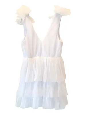 Sz L Lulus Dramatic Arrival White Tulle Tiered Surplice Mini Dress thumbnail 5
