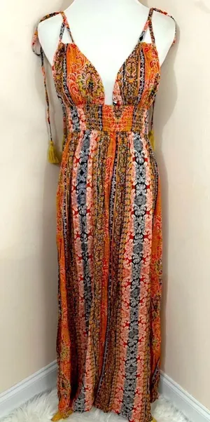 En Creme Boho Mixed Print Floral Stripe Halter Dress S NEW thumbnail 1