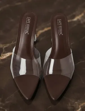 Cape Robbin Women’s Dark Brown Clear Strap Pointed Toe Stiletto Mules – High Heels NWT thumbnail 1