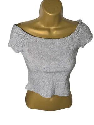 Zara Trafaluc Off Shoulder Crop Top Ribbed Stretch Striped White Black M thumbnail 1