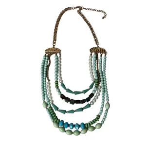 Turquose and faux pearl 5 layer statement necklace thumbnail 4