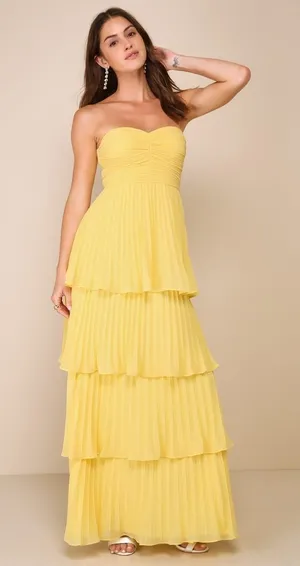 NWT Lulus Seriously Sensational Yellow Strapless Tiered Maxi Dress Banquet XXS thumbnail 1