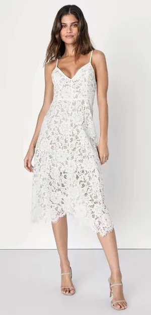 Lulus Midi Dress S White Lace Asymmetrical Hem Bridal Boho Ethereal Romantic thumbnail 1