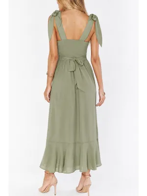 Show Me Your Mumu NWOT Claire Midi Dress Sage Green Tie Strap Side Slit Dress S thumbnail 4
