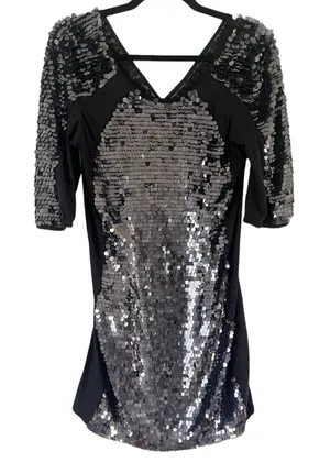 Mac Duggal Black Sequined Bodycon Short Sleeve Mini Dress Size 6 thumbnail 1